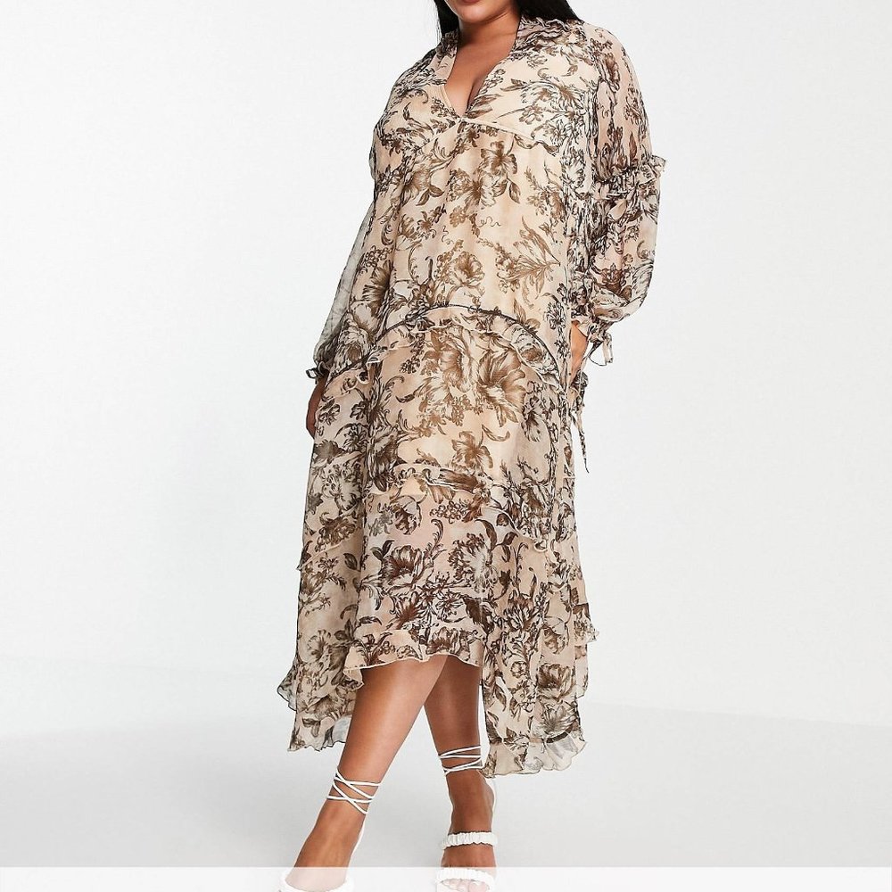 ASOS DESIGN Curve ruched tiered midi dress in floral print with lace trim